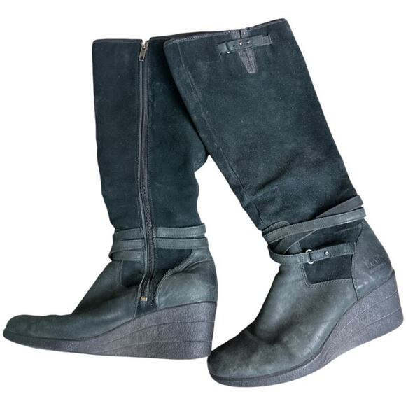 Ugg Black Wedge Knee High Waterproof Suede Boots Women's Size 8 - Picture 1 of 11